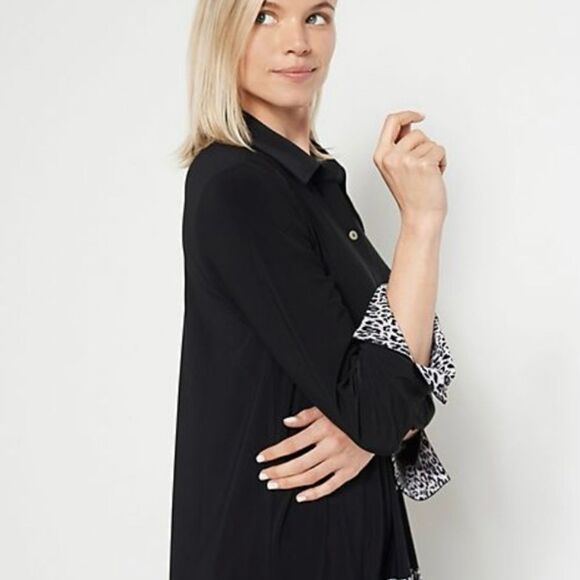 DENNIS by DENNIS BASSO Italia Knit Front Button Cardigan W/Animal Print Hem Med - Picture 2 of 8